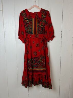 Vintage 70s Red Floral Boho Cottagecore Festival Feminine Midi Dress Size 13/14